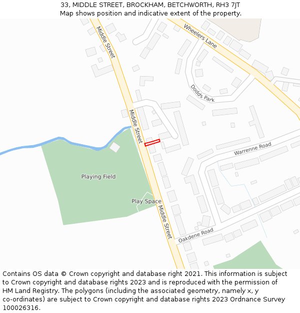 33, MIDDLE STREET, BROCKHAM, BETCHWORTH, RH3 7JT: Location map and indicative extent of plot