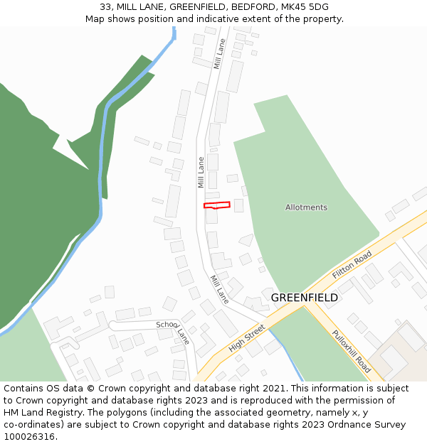 33, MILL LANE, GREENFIELD, BEDFORD, MK45 5DG: Location map and indicative extent of plot