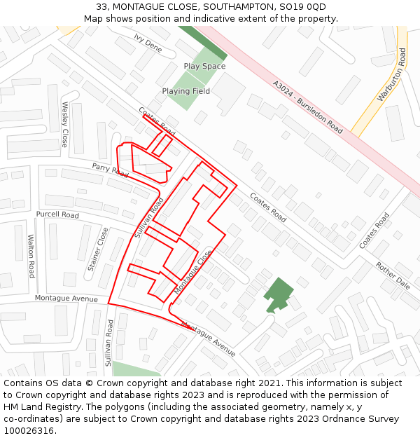 33, MONTAGUE CLOSE, SOUTHAMPTON, SO19 0QD: Location map and indicative extent of plot