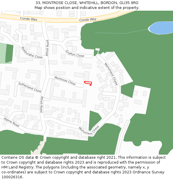 33, MONTROSE CLOSE, WHITEHILL, BORDON, GU35 9RG: Location map and indicative extent of plot