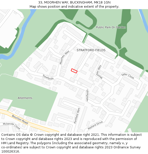 33, MOORHEN WAY, BUCKINGHAM, MK18 1GN: Location map and indicative extent of plot