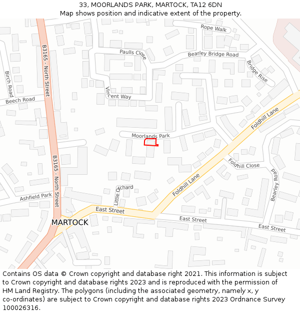 33, MOORLANDS PARK, MARTOCK, TA12 6DN: Location map and indicative extent of plot