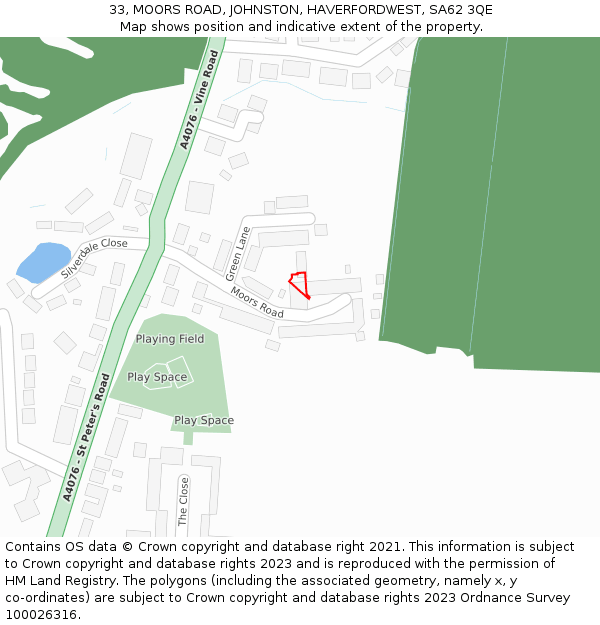 33, MOORS ROAD, JOHNSTON, HAVERFORDWEST, SA62 3QE: Location map and indicative extent of plot