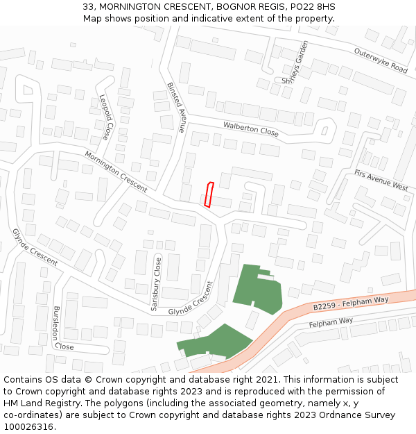 33, MORNINGTON CRESCENT, BOGNOR REGIS, PO22 8HS: Location map and indicative extent of plot
