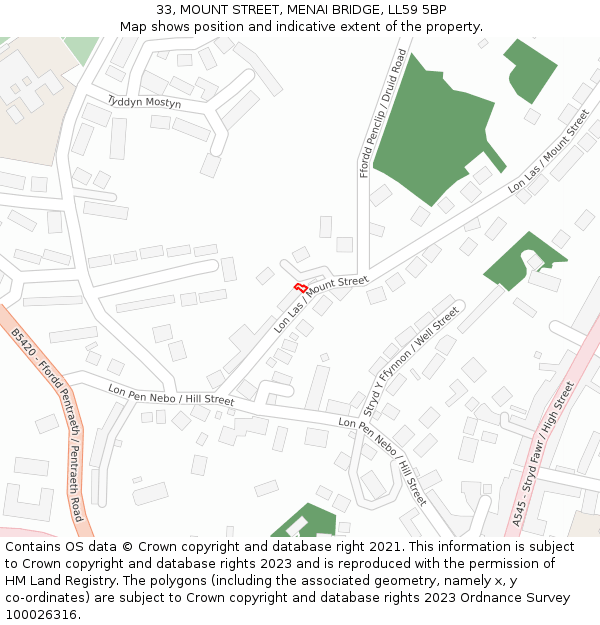 33, MOUNT STREET, MENAI BRIDGE, LL59 5BP: Location map and indicative extent of plot