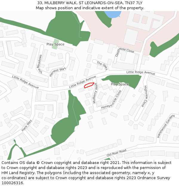33, MULBERRY WALK, ST LEONARDS-ON-SEA, TN37 7LY: Location map and indicative extent of plot