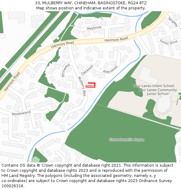 33, MULBERRY WAY, CHINEHAM, BASINGSTOKE, RG24 8TZ: Location map and indicative extent of plot