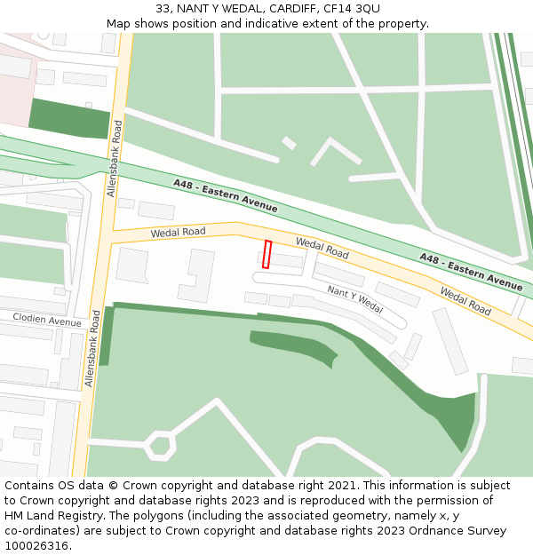 33, NANT Y WEDAL, CARDIFF, CF14 3QU: Location map and indicative extent of plot