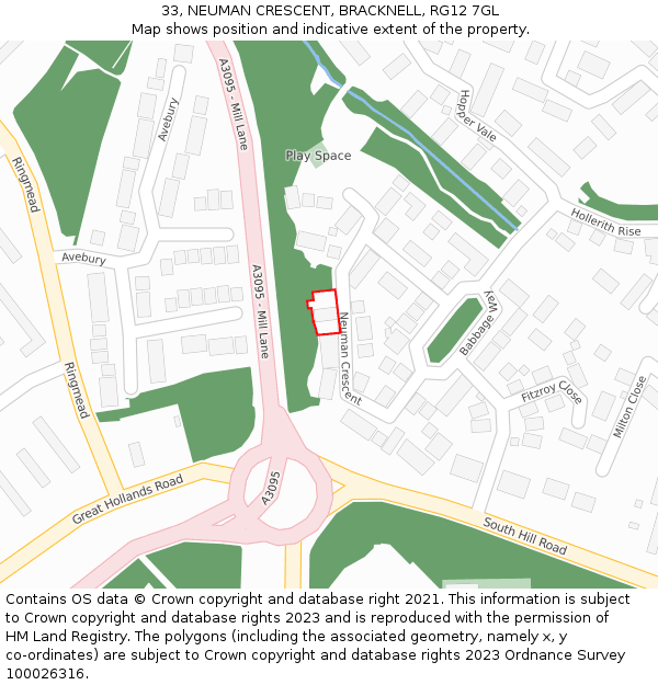 33, NEUMAN CRESCENT, BRACKNELL, RG12 7GL: Location map and indicative extent of plot