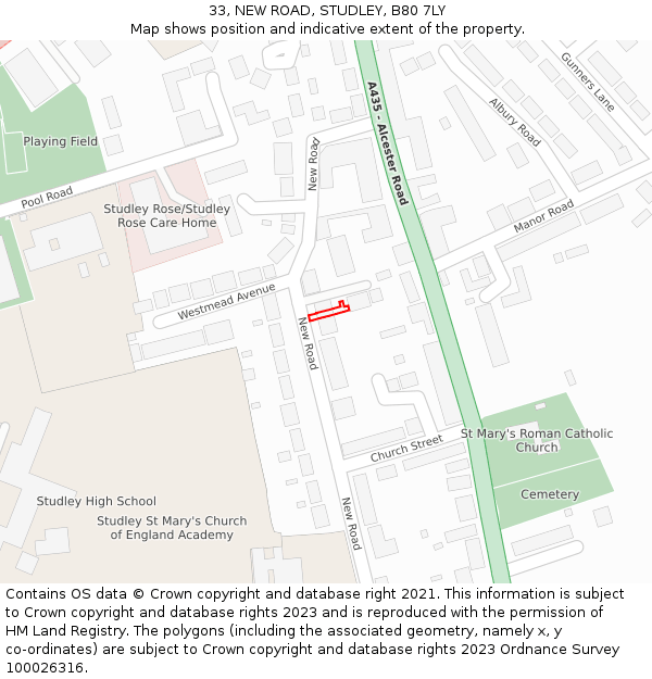 33, NEW ROAD, STUDLEY, B80 7LY: Location map and indicative extent of plot