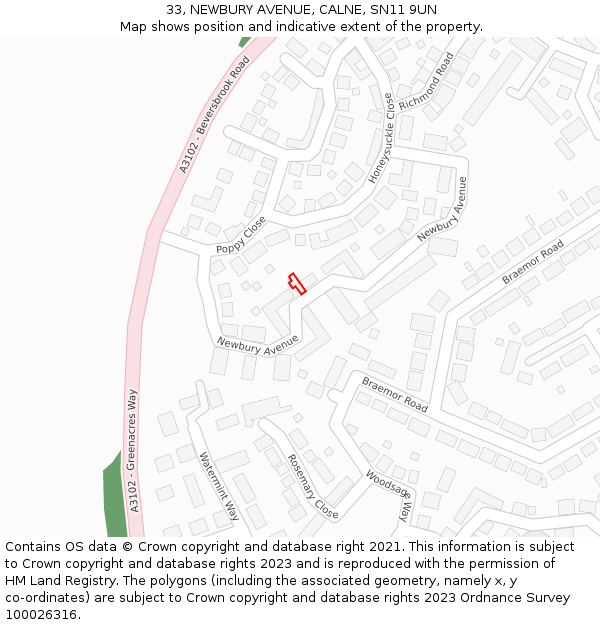33, NEWBURY AVENUE, CALNE, SN11 9UN: Location map and indicative extent of plot