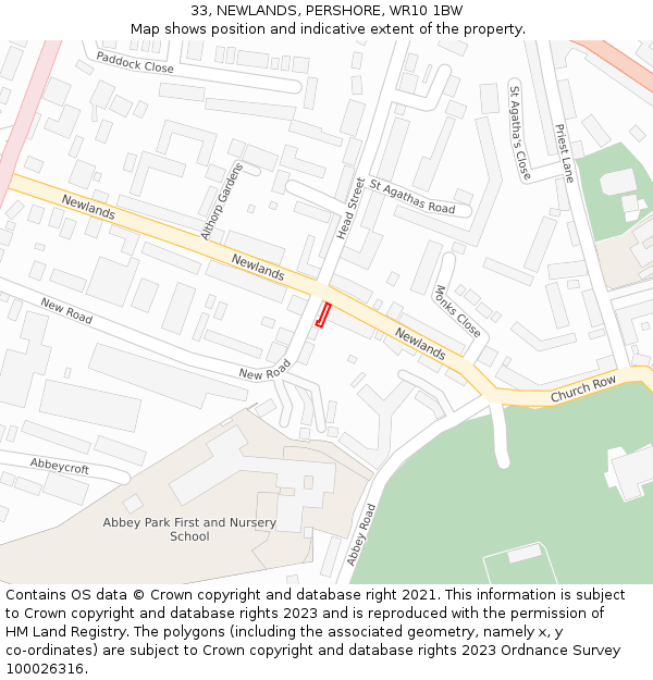 33, NEWLANDS, PERSHORE, WR10 1BW: Location map and indicative extent of plot