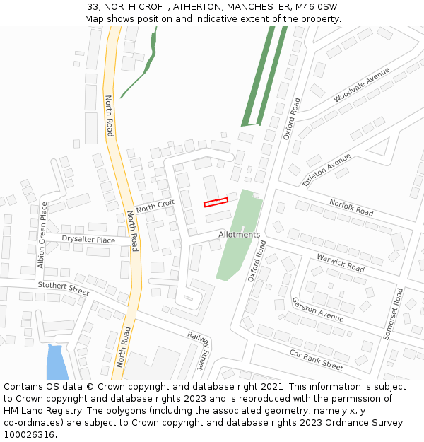 33, NORTH CROFT, ATHERTON, MANCHESTER, M46 0SW: Location map and indicative extent of plot