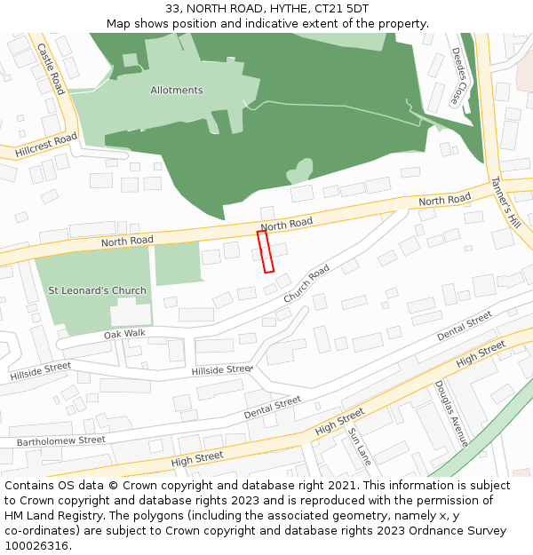 33, NORTH ROAD, HYTHE, CT21 5DT: Location map and indicative extent of plot
