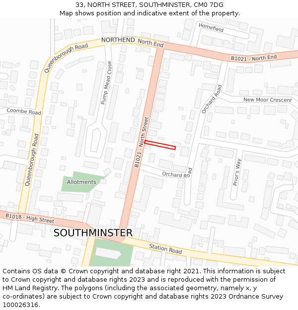 33, NORTH STREET, SOUTHMINSTER, CM0 7DG: Location map and indicative extent of plot