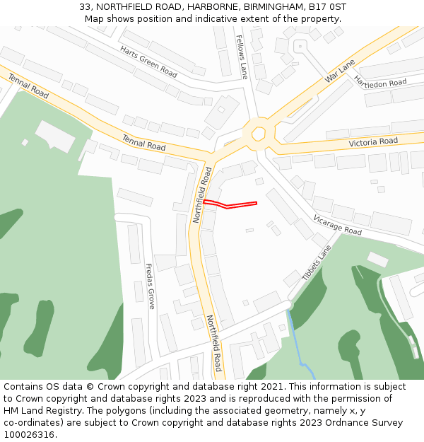 33, NORTHFIELD ROAD, HARBORNE, BIRMINGHAM, B17 0ST: Location map and indicative extent of plot