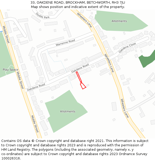 33, OAKDENE ROAD, BROCKHAM, BETCHWORTH, RH3 7JU: Location map and indicative extent of plot