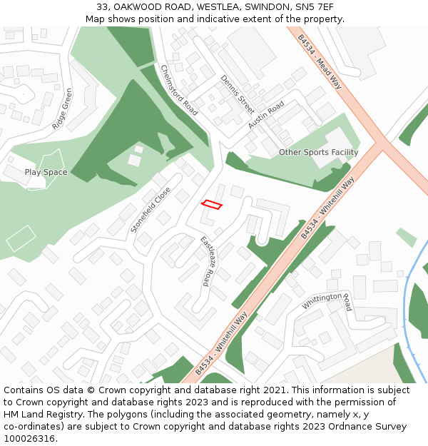 33, OAKWOOD ROAD, WESTLEA, SWINDON, SN5 7EF: Location map and indicative extent of plot