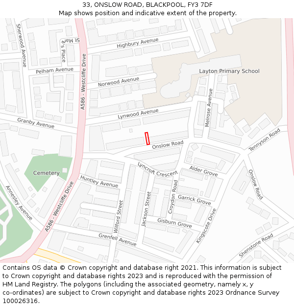 33, ONSLOW ROAD, BLACKPOOL, FY3 7DF: Location map and indicative extent of plot