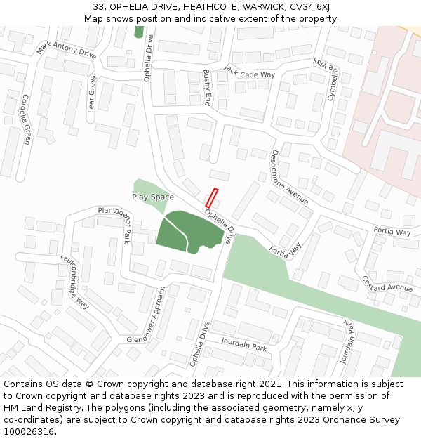 33, OPHELIA DRIVE, HEATHCOTE, WARWICK, CV34 6XJ: Location map and indicative extent of plot