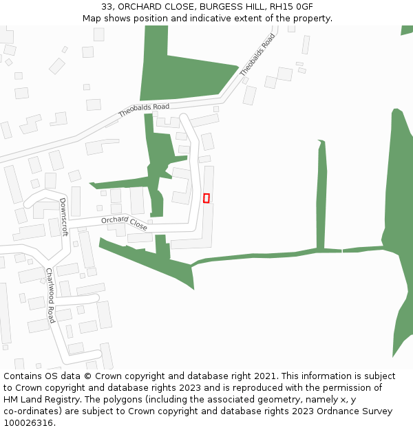 33, ORCHARD CLOSE, BURGESS HILL, RH15 0GF: Location map and indicative extent of plot
