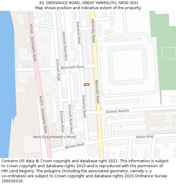 33, ORDNANCE ROAD, GREAT YARMOUTH, NR30 3DH: Location map and indicative extent of plot