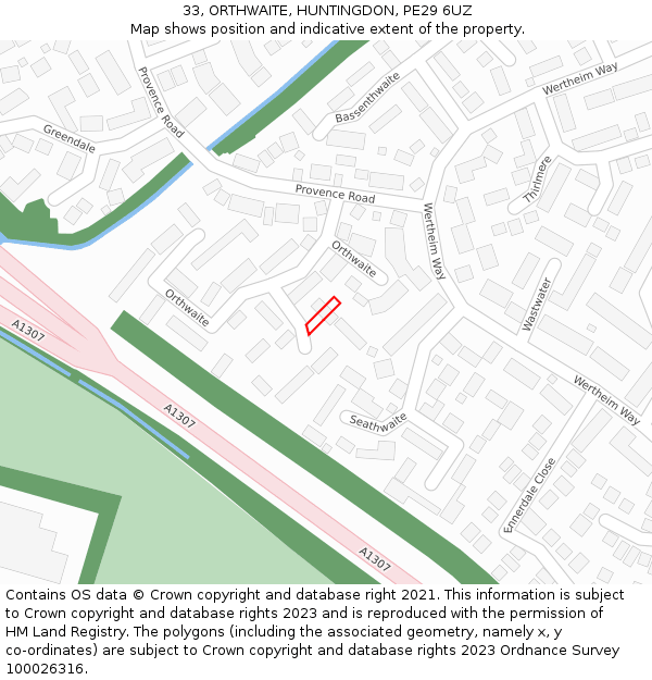 33, ORTHWAITE, HUNTINGDON, PE29 6UZ: Location map and indicative extent of plot