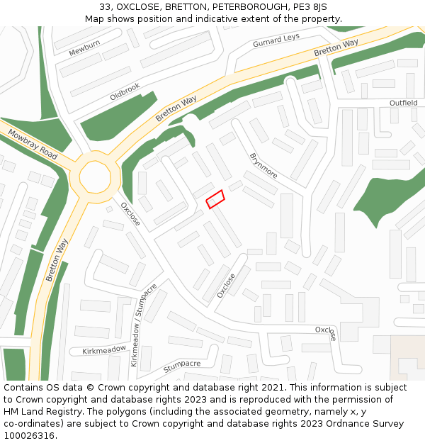 33, OXCLOSE, BRETTON, PETERBOROUGH, PE3 8JS: Location map and indicative extent of plot