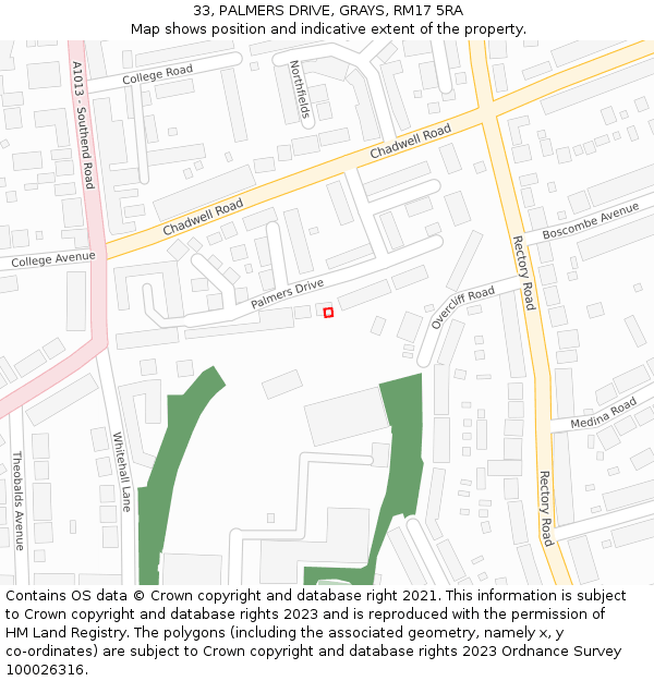 33, PALMERS DRIVE, GRAYS, RM17 5RA: Location map and indicative extent of plot