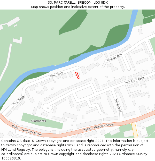 33, PARC TARELL, BRECON, LD3 8DX: Location map and indicative extent of plot