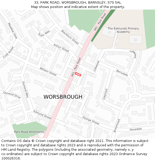 33, PARK ROAD, WORSBROUGH, BARNSLEY, S70 5AL: Location map and indicative extent of plot