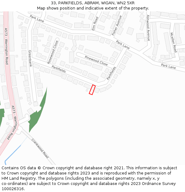 33, PARKFIELDS, ABRAM, WIGAN, WN2 5XR: Location map and indicative extent of plot