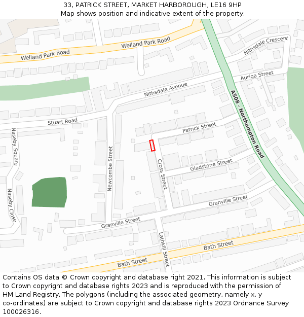33, PATRICK STREET, MARKET HARBOROUGH, LE16 9HP: Location map and indicative extent of plot