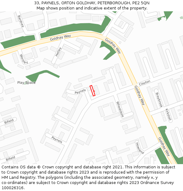 33, PAYNELS, ORTON GOLDHAY, PETERBOROUGH, PE2 5QN: Location map and indicative extent of plot