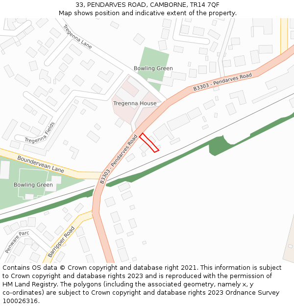 33, PENDARVES ROAD, CAMBORNE, TR14 7QF: Location map and indicative extent of plot