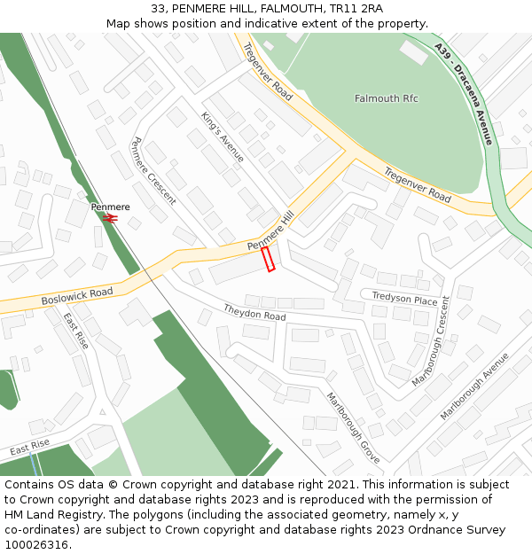 33, PENMERE HILL, FALMOUTH, TR11 2RA: Location map and indicative extent of plot