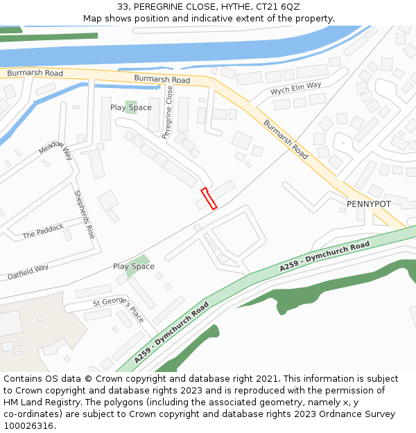 33, PEREGRINE CLOSE, HYTHE, CT21 6QZ: Location map and indicative extent of plot