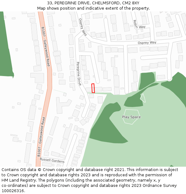 33, PEREGRINE DRIVE, CHELMSFORD, CM2 8XY: Location map and indicative extent of plot