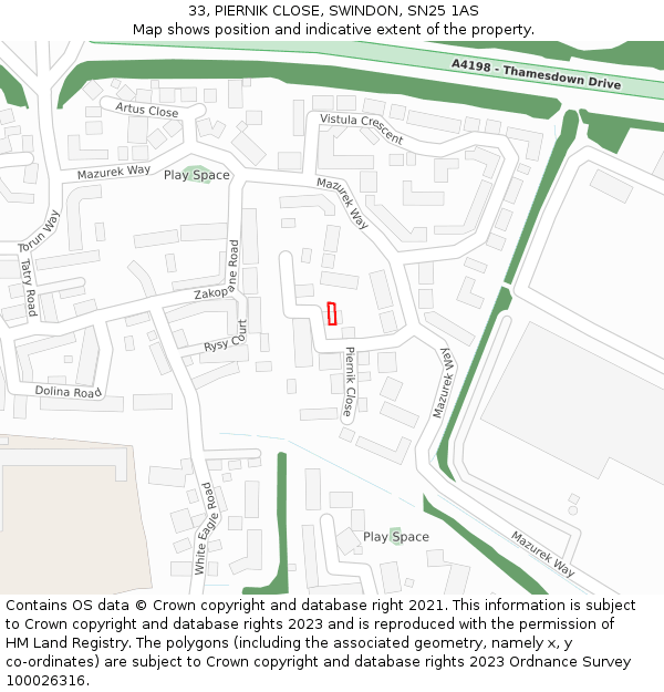 33, PIERNIK CLOSE, SWINDON, SN25 1AS: Location map and indicative extent of plot