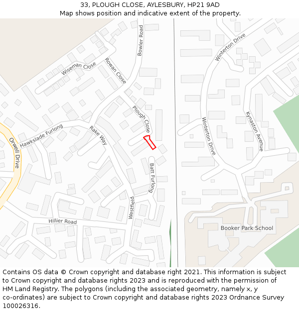 33, PLOUGH CLOSE, AYLESBURY, HP21 9AD: Location map and indicative extent of plot