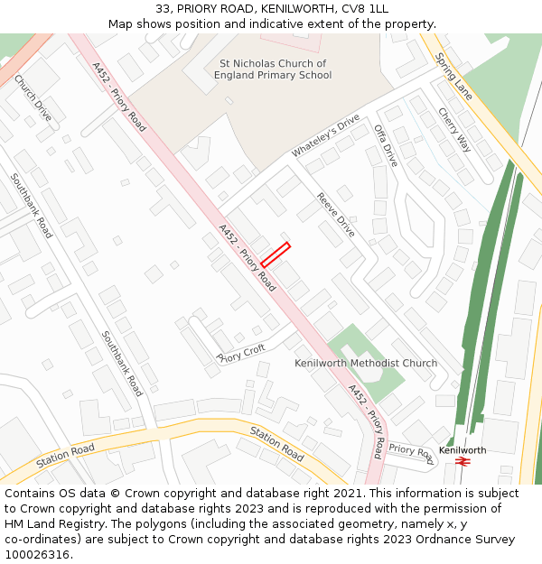 33, PRIORY ROAD, KENILWORTH, CV8 1LL: Location map and indicative extent of plot