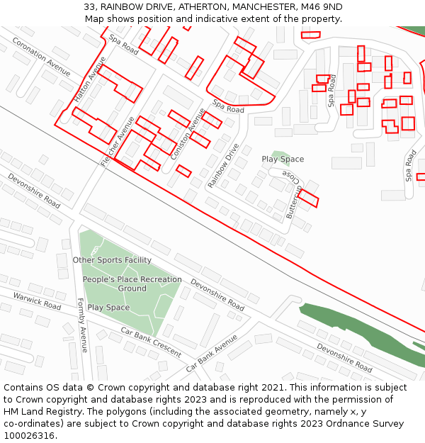 33, RAINBOW DRIVE, ATHERTON, MANCHESTER, M46 9ND: Location map and indicative extent of plot