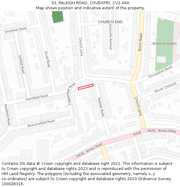 33, RALEIGH ROAD, COVENTRY, CV2 4AA: Location map and indicative extent of plot