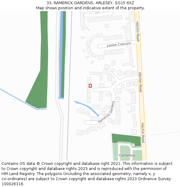 33, RAMERICK GARDENS, ARLESEY, SG15 6XZ: Location map and indicative extent of plot