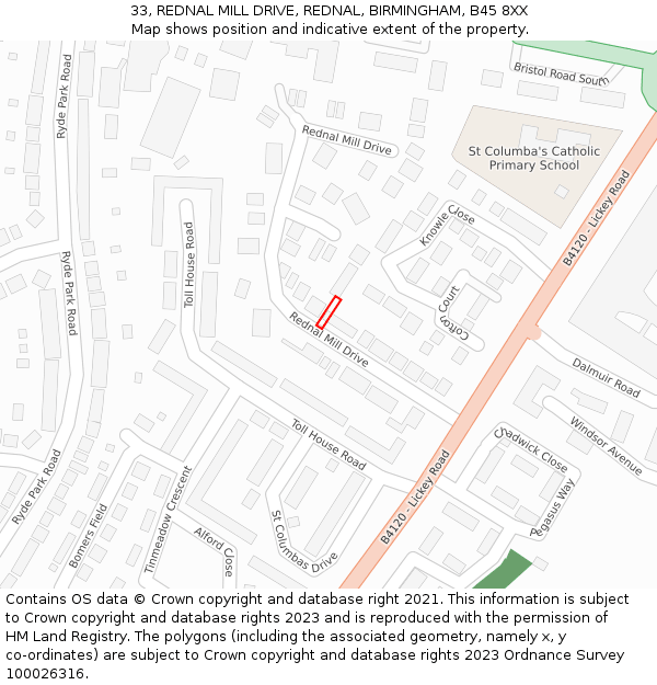33, REDNAL MILL DRIVE, REDNAL, BIRMINGHAM, B45 8XX: Location map and indicative extent of plot