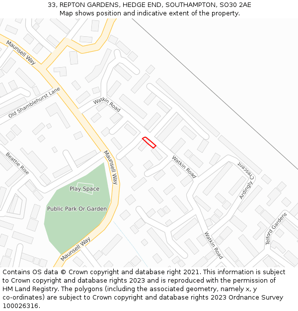 33, REPTON GARDENS, HEDGE END, SOUTHAMPTON, SO30 2AE: Location map and indicative extent of plot