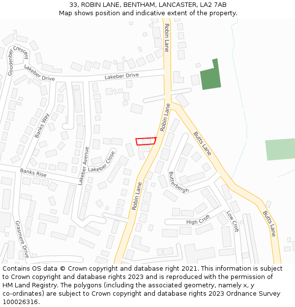 33, ROBIN LANE, BENTHAM, LANCASTER, LA2 7AB: Location map and indicative extent of plot