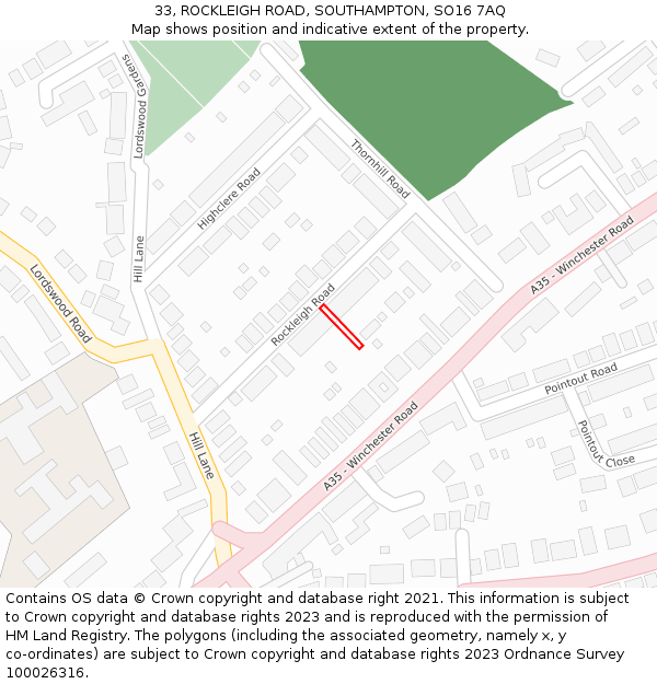 33, ROCKLEIGH ROAD, SOUTHAMPTON, SO16 7AQ: Location map and indicative extent of plot