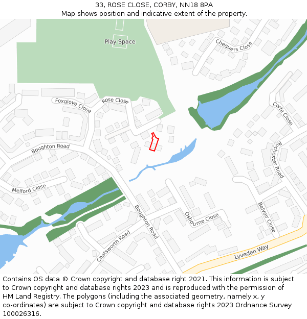 33, ROSE CLOSE, CORBY, NN18 8PA: Location map and indicative extent of plot