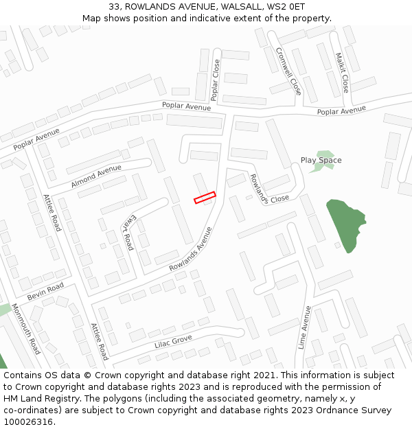 33, ROWLANDS AVENUE, WALSALL, WS2 0ET: Location map and indicative extent of plot